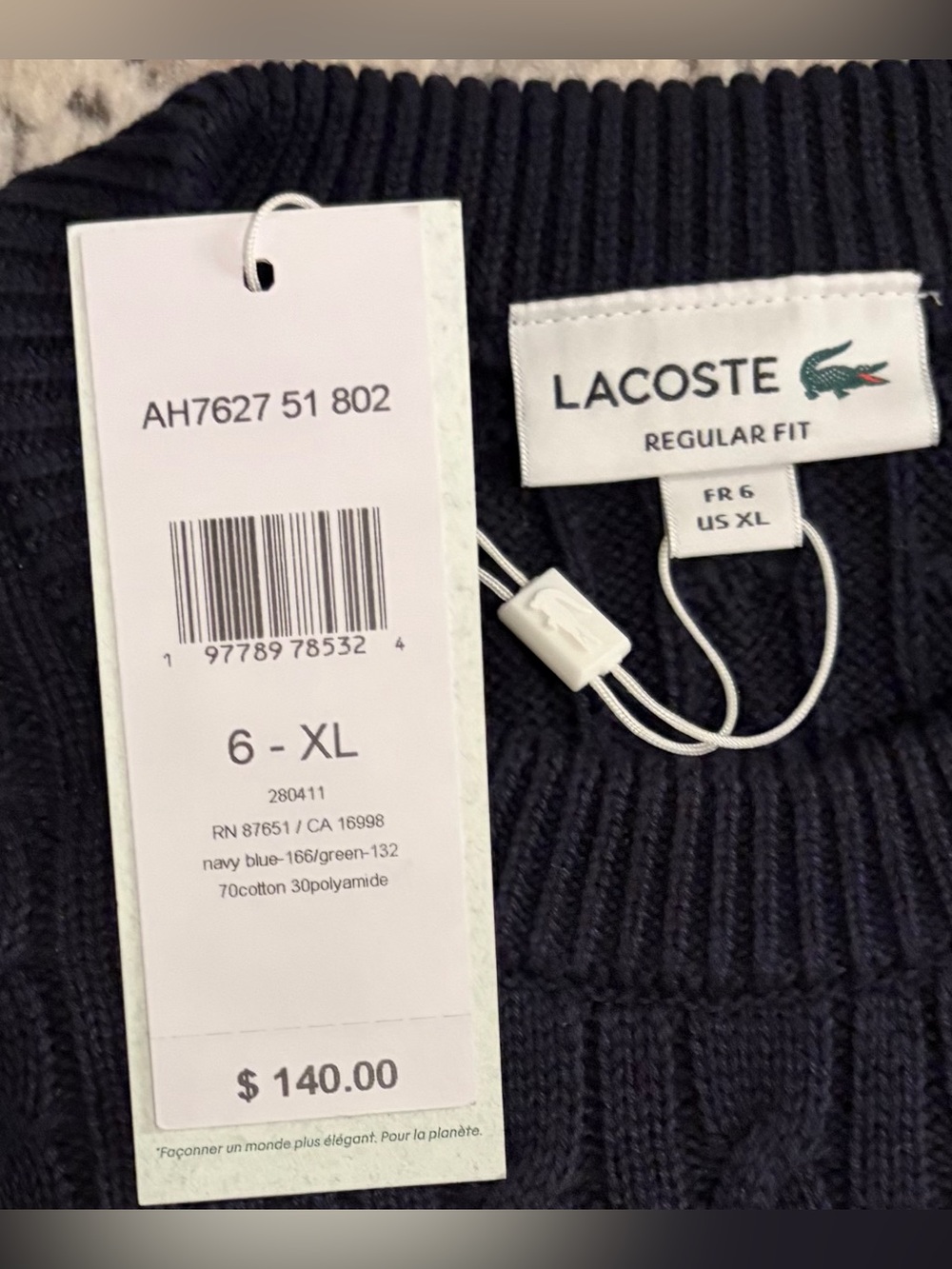 $140 Lacoste Classic Cable Knit Navy Cotton Sweater Men’s Size: XL - Picture 5 of 7